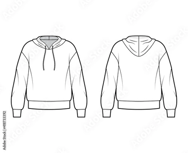 Obraz Hoody sweatshirt jumper technical fashion illustration with long sleeves, oversized body, banded hem, cuff. Flat large apparel template front, back, white color style. Women, men, unisex CAD mockup