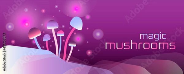 Obraz Horizontal banner with shiny magic unreal mushrooms and sparks on dark blurred purple background. Vector illustration