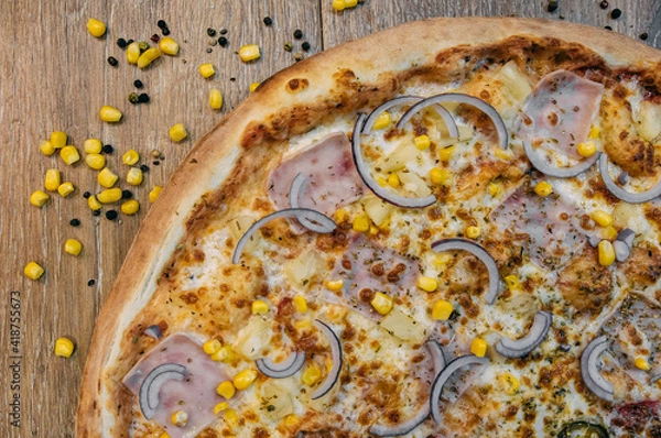 Fototapeta Pizza with onions, ham and corn