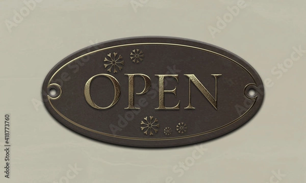 Fototapeta Gray oval 3D plate with "open" lettering and beautiful heart-shaped ornaments for shop and restaurant concepts
