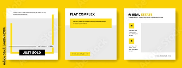 Fototapeta clean editable social media layouts with yellow accent, square graphic banners for instagram and facebook, real estate graphic templates for agents