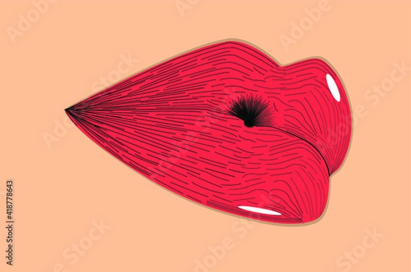 Fototapeta Vector illustration of light red lips, filled with lines for texture, with white light spots and a skin-colored background