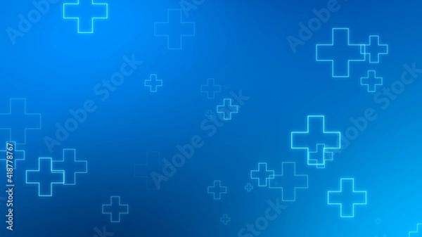 Obraz Medical health blue cross neon light shapes pattern background. Abstract healthcare technology and science concept.
