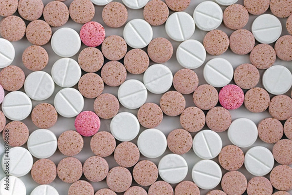 Obraz Colorful medical pills, tablets and capsules from above; color photo.