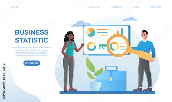 Fototapeta Male and female characters are working on business statistic. Colleagues studying diagrams and infographics with magnifier. Website, web page, landing page template. Flat cartoon vector illustration