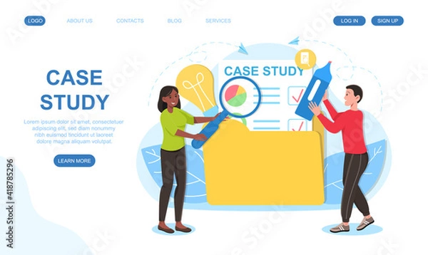 Fototapeta Male and female characters are studying a case together. Man and woman looking at document with diagrams through magnifier. Website, web page, landing page template. Flat cartoon vector illustration