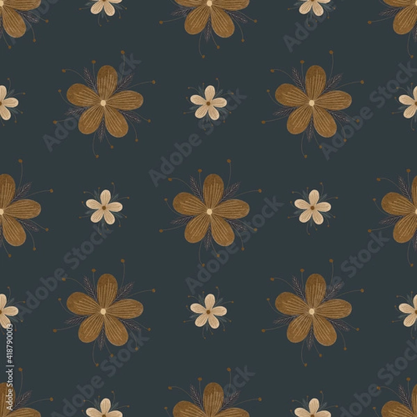 Obraz Seamless floral pattern with brown flowers on a dark background 