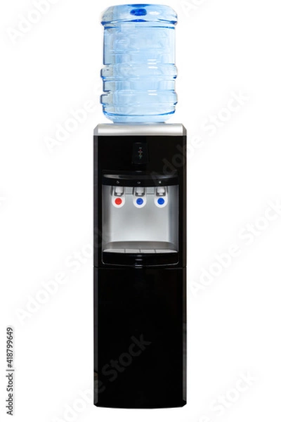 Obraz complete photo of black electric purified water dispenser with hot and cold water with refrigerator included on a white background