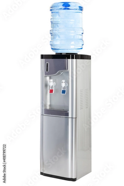 Obraz complete photo of silver electric purified water dispenser with hot and cold water with refrigerator included on a white background