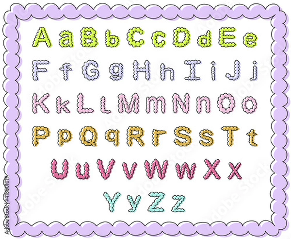 Obraz Set of bubble or cloudy like cartoon upper and lower case letters, alphabet, and wavy frame