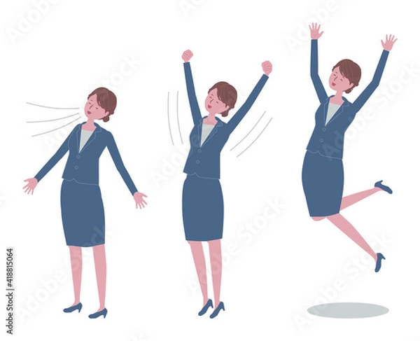 Fototapeta 深呼吸、背伸び、ジャンプをする　青いスーツを着た女性