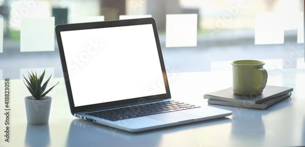 Fototapeta Mock up Copy Space Blank Screen Concept Business Working on Laptop.	