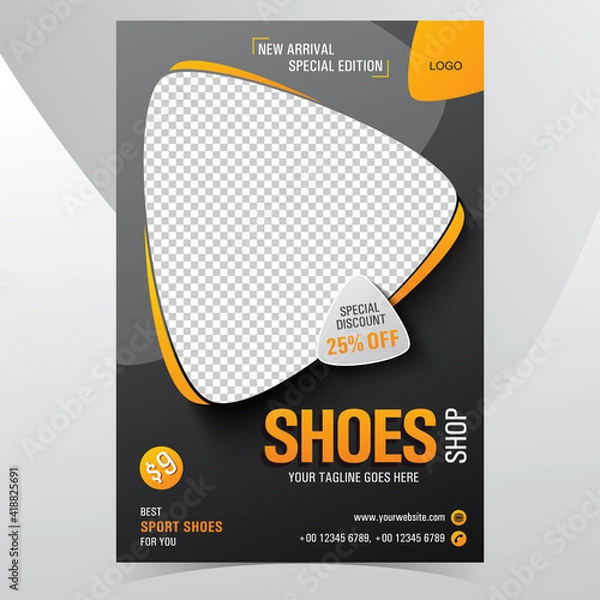 Fototapeta Shoes flyer orange black A4 size Poster creative design with Photo space