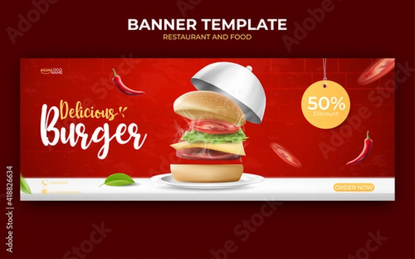 Obraz food or culinary ads banner template. illustration vector with realistic burger, chili, plate and cover food.
