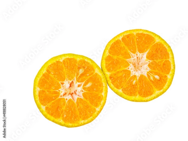 Fototapeta isolated two half cut of orange fruit with clipping path on white background a top view closeup vivd color texture of yellow sweet citrus for healthy food and juice ingredient