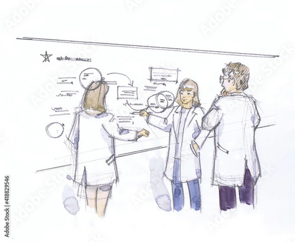 Obraz ディスカッションする研究者のラフスケッチ