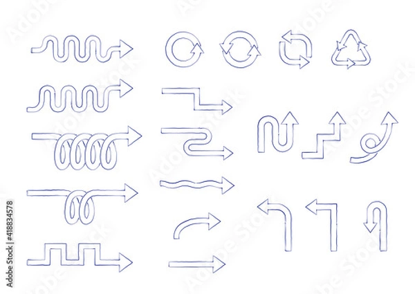 Fototapeta いろんな形の矢印の素材セット　万年筆のインクで手描きしたような矢印　線画