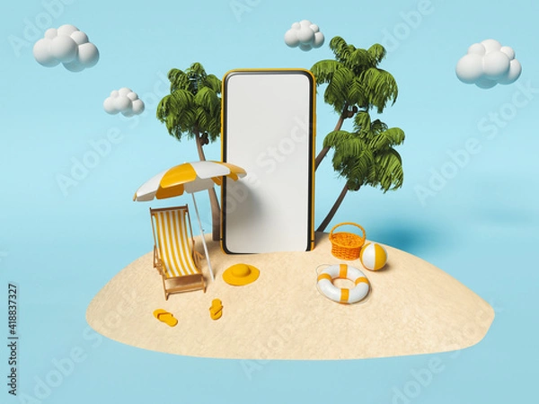 Obraz 3d beach with Smartphone. Summer concept