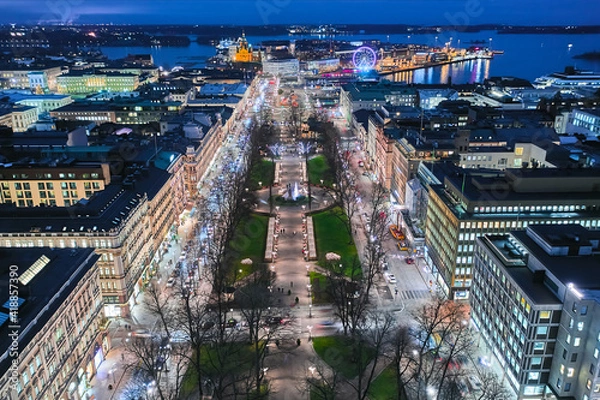 Fototapeta Aerial view of the Esplanadi park with Christmas decoration, Helsinki, Finland.