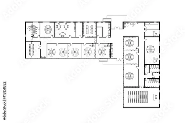 Obraz Modern office interior with furniture isolated on white. Vector blueprint. Architectural background. 
