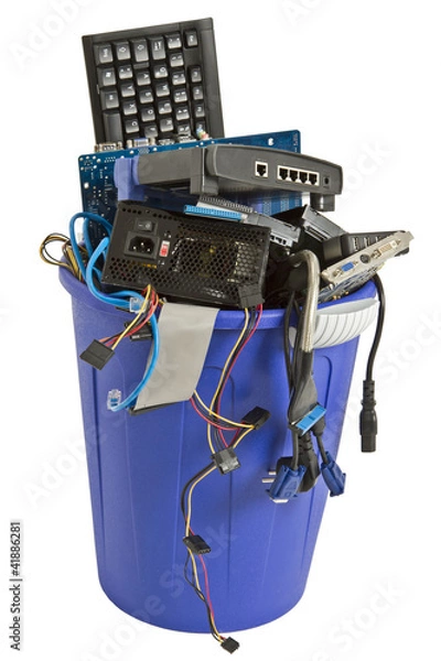 Fototapeta electronic scrap in blue trash can