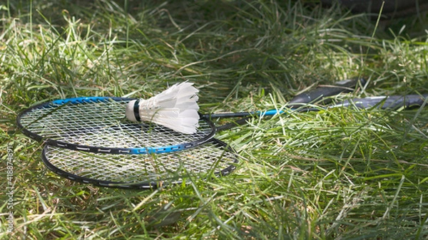 Obraz Badminton on the grass. White feather shuttlecock and rackets in sunlight. Summer sport leisure. Format 16:9