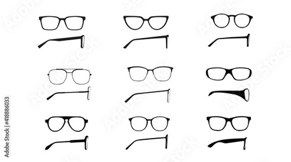 Fototapeta Vector isolated Illustration of a Glasses Frame Set. Set of Black glasses Frame Front and Side View