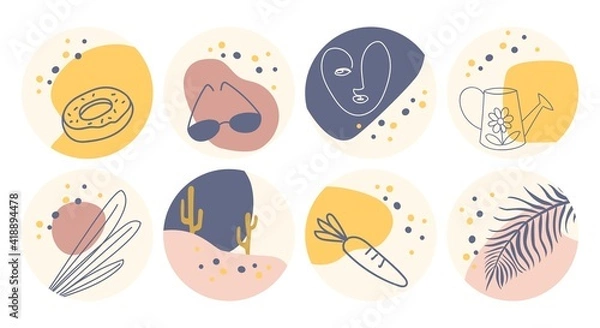 Fototapeta PrintVector set of round boho icons and emblems for social media story highlight covers. Hand-drawn trendy design templates for bloggers, designers and photographers.