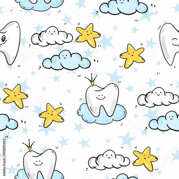Fototapeta Tooth teeth medicine teeth fairy teeth magic dentist cloud star baby pattern paper digital paper scrapbook paper fabric pattern textile pattern baby clothing pattern seamless texture white background