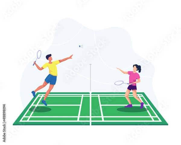 Fototapeta Playing badminton illustration. Badminton player jumping get ready to smash shot, Man and woman badminton player. People playing badminton with shuttle on court. Vector illustration in a flat style