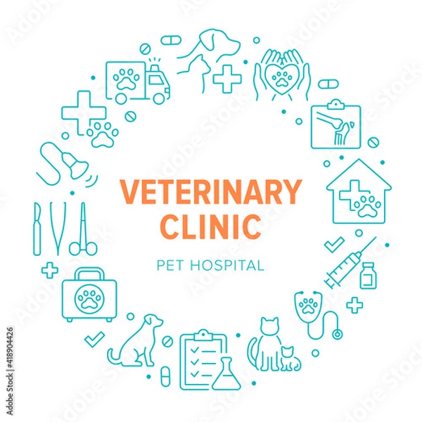 Fototapeta Veterinary clinic circle poster with line icons. Vector illustration included icon as cat, kitten, dog, xray, surgical instruments, hospital, syringe, stethoscope outline pictogram for vet