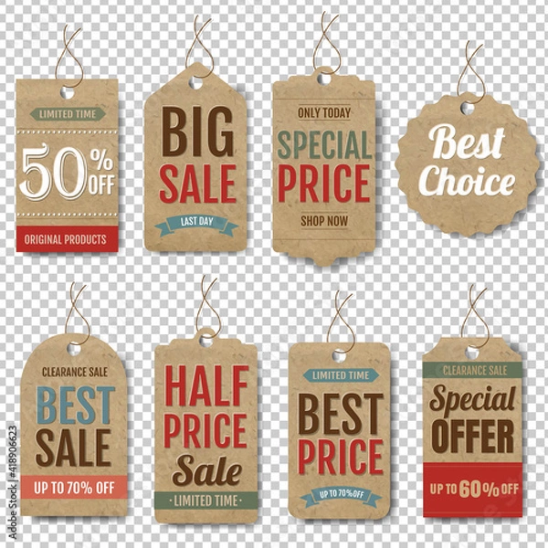 Fototapeta Eco Carton Paper Labels Set Transparent Background With Gradient Mesh, Vector Illustration