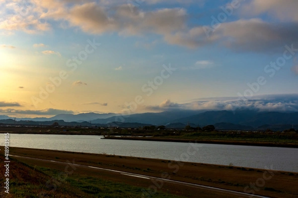 Obraz 夕方の筑後川と背振山