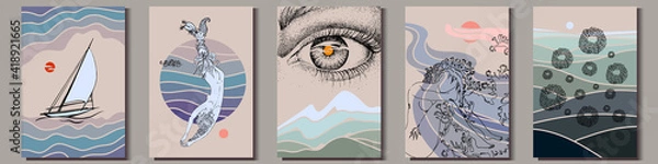 Fototapeta Set of artistic hand-drawn graphic posters. Sailing yacht, mermaids, eye over mountain and abstract art. Vector Illustration