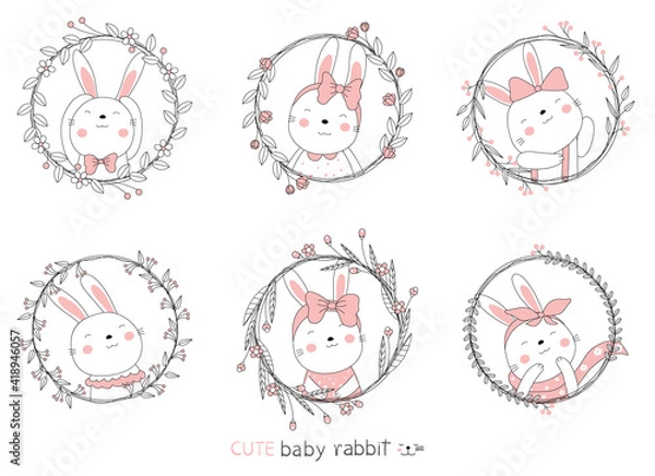 Obraz Cartoon sketch the lovely rabbit baby animals and floral frame set circle. Hand drawn style.