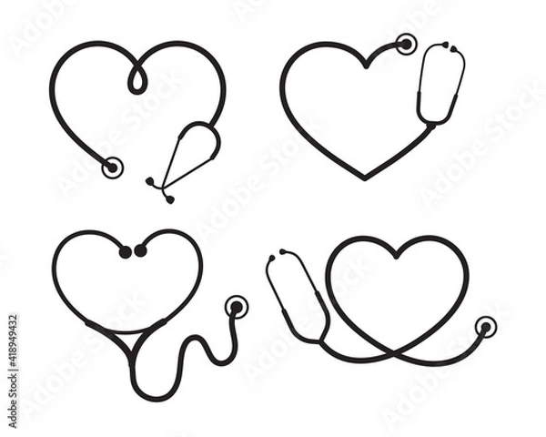 Fototapeta Vector nurse stethoscope silhouette Heart shaped stethoscope line frame Isolated on background.