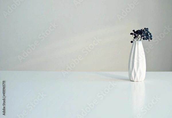 Fototapeta White vase with a sprig of dried berries on a white background, close-up. Interior mock up.