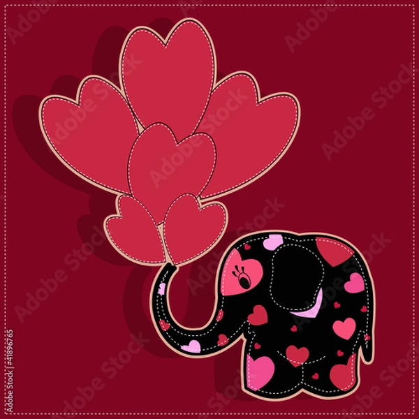 Obraz Funny elephant with hearts on a red background