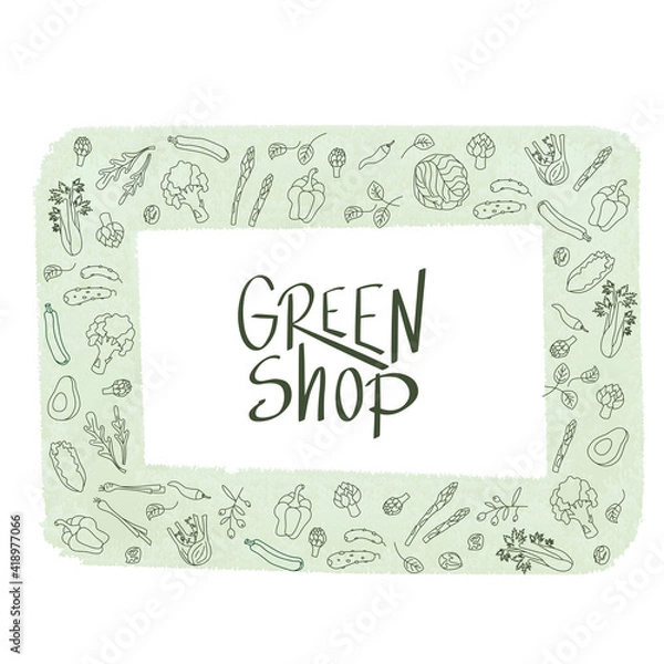 Fototapeta Green shop sign with green outline vegetables frame. Handwritten lettering fresh font for sign shop, window sticker supermarket, poster. Vector stock illustration isolated on white background. EPS10