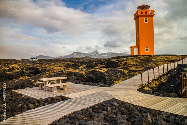 Obraz Svortuloft Lighthouse with a view of Snæfellsjokull behind and car parked in Iceland