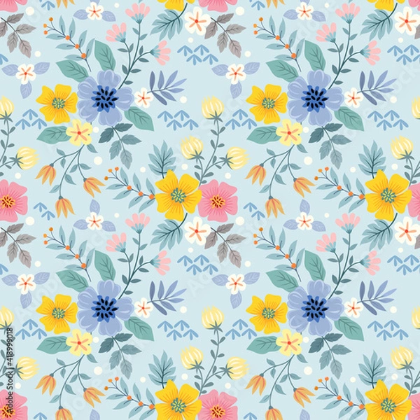 Obraz Colorful flowers on a light blue color seamless pattern for fabric textile background.