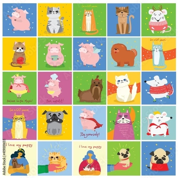 Fototapeta Set of cards with cats and dogs