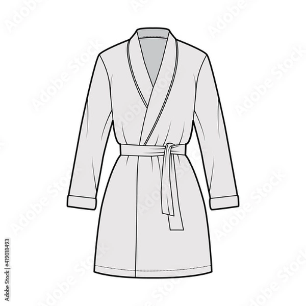 Fototapeta Bathrobe Dressing gown technical fashion illustration with wrap opening, mini length, oversized, tie, long sleeves. Flat garment apparel front, grey color style. Women, men unisex CAD mockup