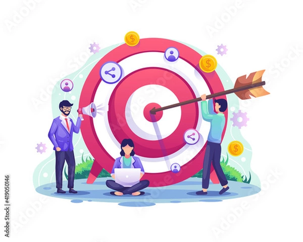 Fototapeta Business target concept, Referral, and affiliate partnership program with People put darts on the dartboard. target with an arrow hit the target  vector illustration