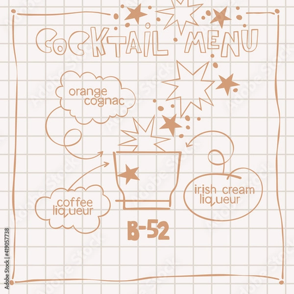 Fototapeta B-52. Cocktail menu. Alcoholic cold drinks. Recipe. Lettering, arrows, dialog clouds. Stars and dots, blots. Gray checkered background. Isolated vector objects. Cartoon glass. 