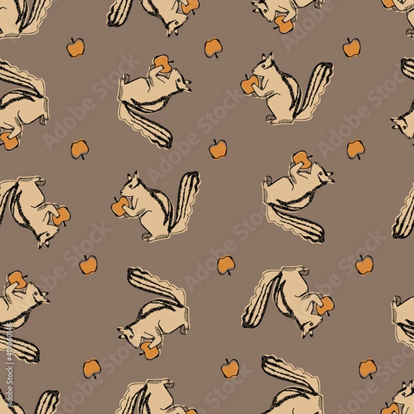 Fototapeta リスとサクランボ。シームレスなパターン。テキスタイル、壁紙、包装紙のデザイン。