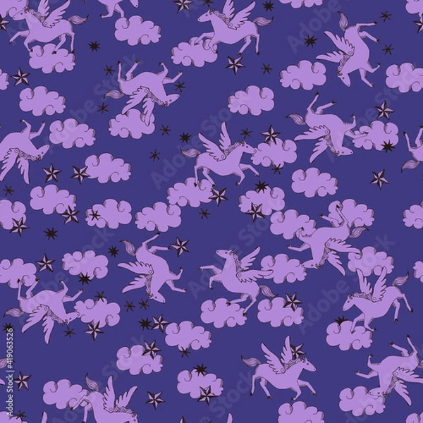 Fototapeta ペガサスと雲。シームレスなパターン。テキスタイル、壁紙、包装紙のデザイン。