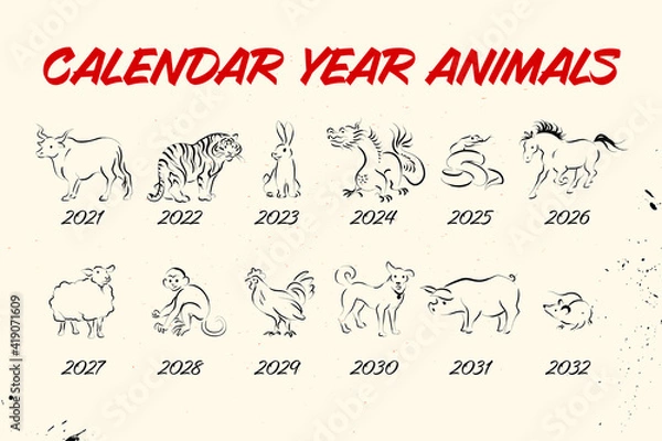 Fototapeta Collection of chinese year calendar animals silhouettes isolated on white background. Vector hand drawn sketch style illustration. For banners, cards, advertising, congratulations.