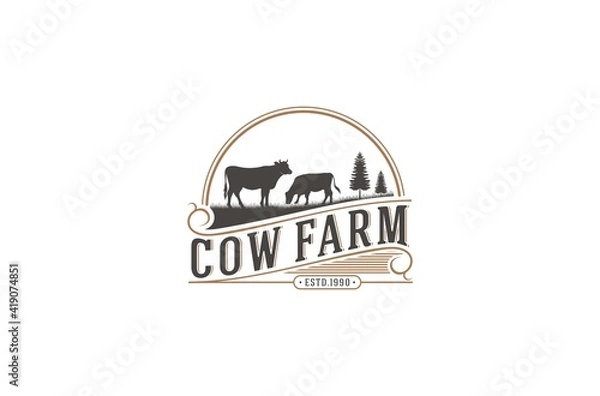 Obraz cow farm logos complete with lush cow vectors and grasses