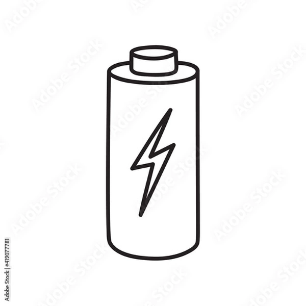 Fototapeta Vector battery icon with in cartoon style. Hand drawn battery isolated on white background.